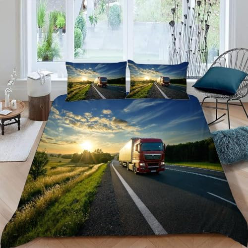 NYSMGS Bettwäsche 135x200 Mädchen Jungen LKW 3D Druck Sommer Leicht Mikrofaser Bettbezug Sonnenuntergang Zimmer Dekor Bettwäsche-Sets 3Teilig mit Reißverschluss und 2 Kissenbezüge 80x80