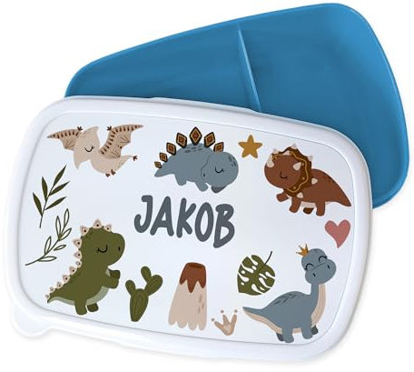 GRAZDesign Brotdose Dino Dinosaurier Kinder personalisiert Junge und Mädchen, Schulkind Kinderbrotdose blau