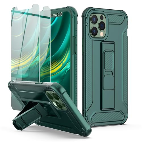 ORETECH for iPhone 12 Pro Max Case, Built-in Kickstand Phone Holder - Green | 2 x Tempered Glass Screen Protectors, Heavy Duty Military Grade Drop Shockproof Protection