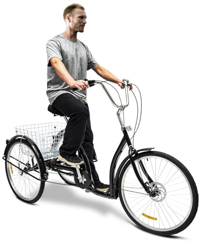 SOLOCJNL 26 tums vuxna trehjuling, 6-växlad 3 hjul cykel med shoppingkorg, justerbar trehjulig cykel svart trehjuling för picknick shopping utomhus