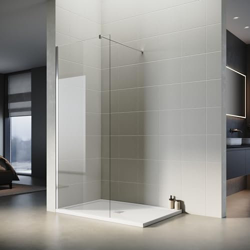SONNI Walk In Dusche - Glas Duschwand 100 x 200 cm mit 100 x 80 cm Duschtasse und Ablaufgarnitur - 8 mm NANO Glas