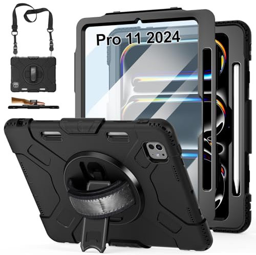 Gralifcare Hülle für iPad Pro 11 M4 (2024), Stoßfeste iPad Pro 11 Hülle mit -Displayschutzfolie-Stifthalter-360° Drehbarer Ständer-Handschlaufe-Schultergurt-Rot, Schwarz