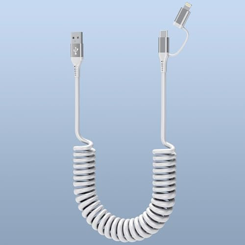 Câble de chargement USB C et Lightning 2 en 1 Câble Carplay, câble de rapide USB C spiralé compatible Carplay et Android Auto, câble combiné avec type C/Lightning pour iPhone/Android/iPad