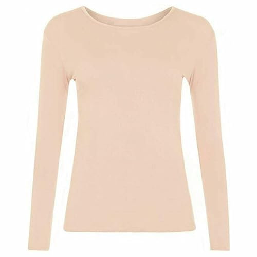 FASHION MY LOVE Women Ladies Long Sleeve Round Neck Plain Top Stretchy Casual Summer T-Shirts Basic Slim fit Tee Tops UK Plus Size 8-26 Nude
