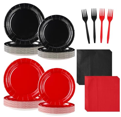 96 Pcs Red and Black Party Supplies Black and Red Party Plates Disposable Black Red Paper Plates and Napkins Tableware Set for Red and Black Birthday Party Decoration Fiesta Halloween Serves 24
