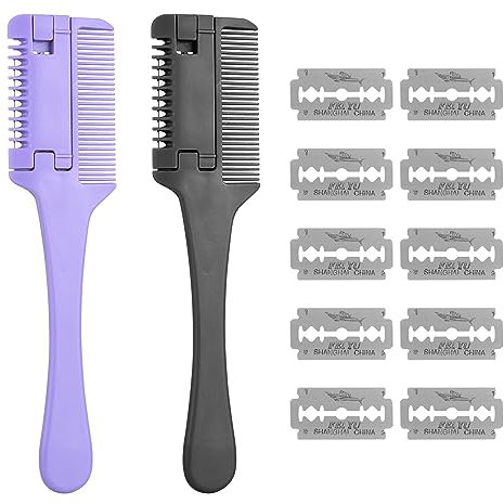 Peine para cortar el pelo, peine de adelgazamiento, herramienta de corte de pelo de doble cara con 10 cuchillas de repuesto para adultos, niños, corte de pelo en casa