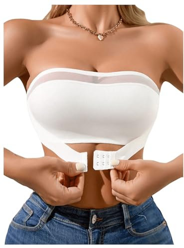 GORGLITTER Women's Mesh Wireless Front Fastening Bras Sexy Strapless Sheer Comfy Bandeau Bras White Large
