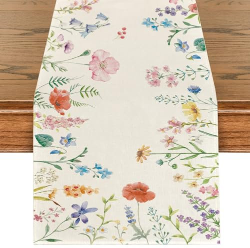 Tarklanda Blumen Frühling Tischläufer, Sommer Schmetterling Pflanzen Tischdeko, Saisonnal Waschbar Küche Esstisch Dekoration für Drinnen und Draußen Wohnkultur Party 40x140cm