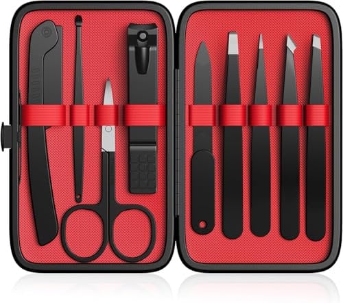 Tweezers and Nail Clippers Set 9 Pcs,Tweezers Kit for Men and Women,Stainless Steel Eyebrow Plucker with Curved Scissor and Eyebrow Razor for Daily Beauty Tools,with Leather Case（Black/Red）