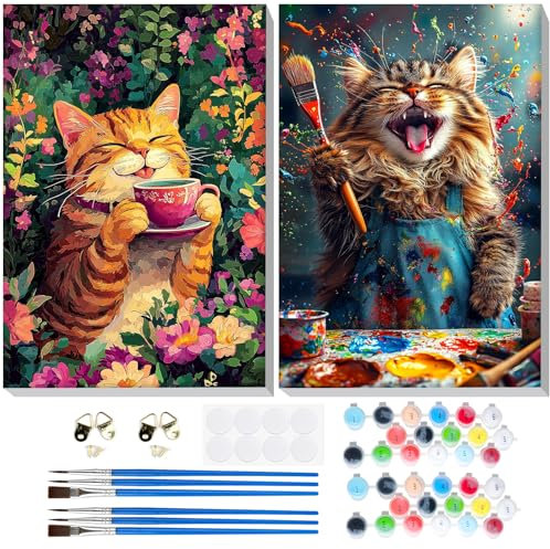 GHHKUD Lot de 2 kits de peinture par numéros de chat pour adultes débutants - Kit de peinture par numéro avec toile encadrée, peinture à l'huile acrylique pour adultes, arts et travaux manuels pour