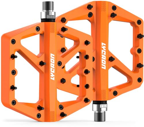 LYCAON Pédales de vélo - Pédales de vélo de course / VTT - Antidérapantes - Broche CR-MO - Pédales plates antidérapantes pour VTT 9/16 (Orange)