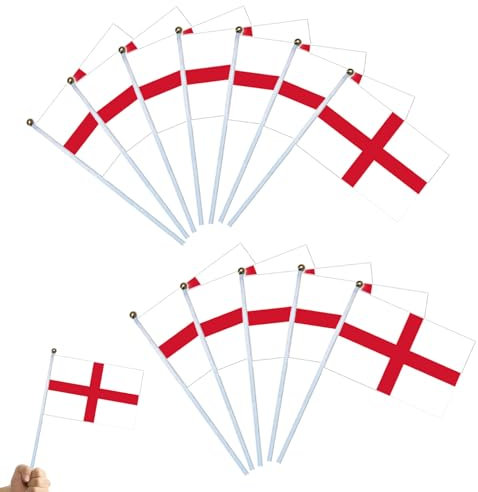 Lot de 15 drapeaux de l'Angleterre de la Croix de St Georges sur bâtons pour décorations de la Saint-George, petits drapeaux à main avec 14 x 20,8 cm pour décoration de fête de rugby des six nations