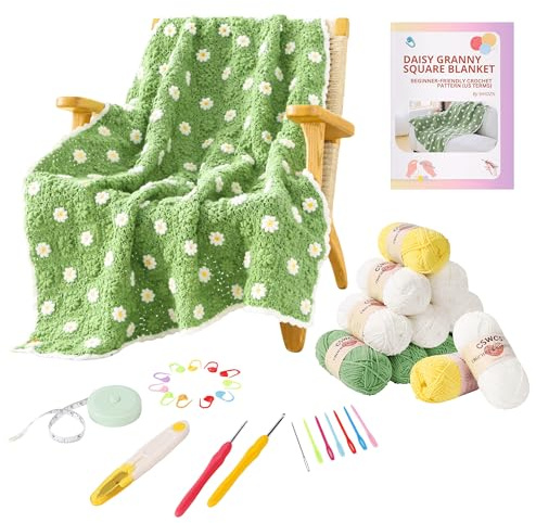 CSWCS Häkeldecken-Set für Anfänger, quadratisches Überwurf-Set für Erwachsene, einfaches Stricken mit Garn und Haken, komplettes Starter-Set mit Schritt-für-Schritt-Anleitung (99,1 x 78,7 cm)