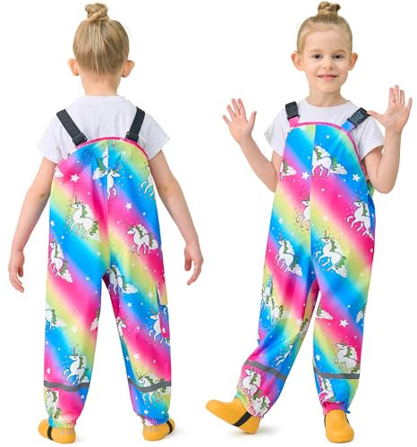 FILOWA Pantaloni Impermeabili Bambina Ragazze Pantalone Antipioggia con Striscia Riflettente Pantaloni Fango Colorato Unicorno Salopette Antipioggia Traspirante Abbigliamento Pioggia per 2-3 Anni
