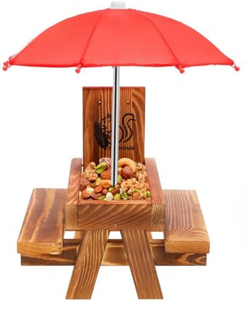Eichhörnchen Futterhaus Wetterfest mit Regenschirm,Eichhörnchenfutterhaus für draußen Lustiger Picknicktisch mit Solider Struktur Chipmunk Futterhaus mit Maiskolbenhalterung,21×18×18 cm