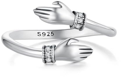 Kerraom Anillo Abrazo Eterno Ajustable Anel de Promesa en Plata 925, Regalo Original para Mujer Niña o Madre Hija, Anillo Guardián Manos Abrazando en Blanco Oro