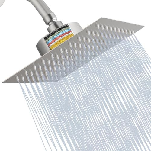Katezon Pommeau de Douche Filtré, Pommeau de Douche Haute Pression Avec Filtre Pour Eau Dure, élimine le Chlore et les Substances Nocives, Pommeau de Douche Carré de 20cm (Nickel Brossé)