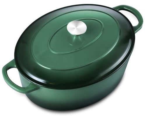 Leonyo 5-Quart Enameled Cast Iron Oval Dutch Oven Pot with Lid, Emerald | 5QT Cast Iron Cookware Oval Dutch Oven Pot for Sourdough Bread Breaking, Braising, Stews, Roasting, Oven Safe