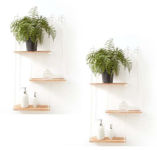 3 Tier Hanging Floating Shelves Wooden Wall Mounted Storage Shelf with String Rope Boho Wall Decor Rustic Display Shelving for Hanging Plants Photos for Kitchen Bathroom Bedroom Nursery (2PCS)