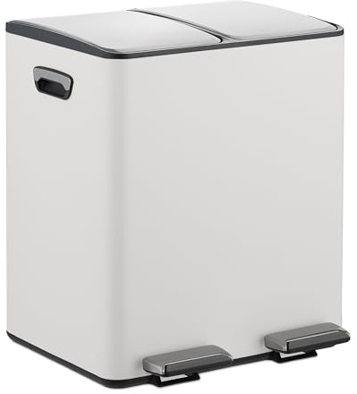 Relaxdays Kitchen Bin, 2 Compartments, 15 Litres Each, Removable Buckets, Foot Pedal, Recycling Dustbin, White/Silver