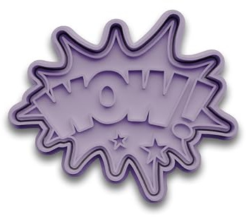 Keksausstecher Comic Lautschrift Wow! – zweiteilig mit Stempel – Superhelden Ausstechform aus PLA – Geschenk für Comic Fans, Kindergeburtstag, Motto-Party