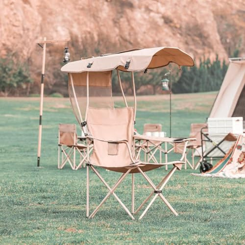 Faltbarer Campingstuhl mit Schirm und Getränkehaltern, tragbar, leicht, Outdoor-Stuhl, einfach zu tragen, für Camping, Strand, Picknick, Wandern (Khaki)