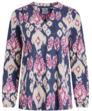 Weird Fish Brooke Organic Cotton Printed V Neck Jersey Top Petrol Blue Size 14