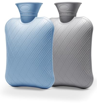 FORICOM 2-Pack 2L Hot Water Bottles, Hot & Cold Therapy Bags for Pain | 2L bottles in blue and grey, BPA-free 2.2mm PVC with a wide mouth for easy filling and lasting warmth indoors or outdoors.