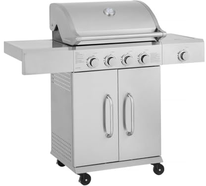 Gasgrill aus Edelstahl mit 5 Brennern, davon 1 Seitenbrenner Brazzo - 118 x 57 x 104 cm - Hellgrau