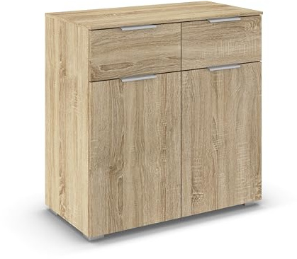 Rauch Möbel Alabama, Kommode, Farbe Eiche Sonoma, Maße 80x81x42 cm | Sideboard, 2-türig, 2 Schubladen, Soft-Close-Funktion, Griff Alufarben, für Schlafzimmer, Kinderzimmer, Garderobe, Flur