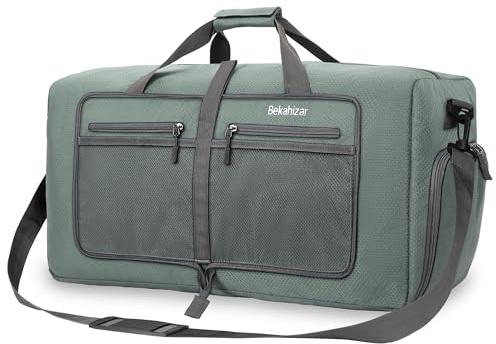 Bekahizar Leichte Faltbare Reisetasche 60L Große Travel Duffle Bag Übernachtung Taschen Verpackbar Reisegepäck Gym Sporttasche Mit Schuhfach für Herren Damen Flugzeug Camping Reisen (Grau grün)
