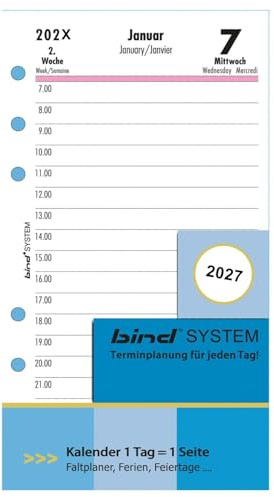 BIND B260327 Kalendereinlage für Tageskalender A6, Timer Einlage für Kalender Jahr 2027, 1 Tag / 1 Seite, Terminkalender mit System, Kalendarium für bind Systemplaner und Standard Timeplaner
