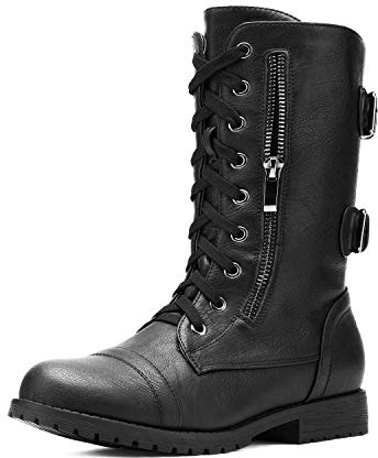 DREAM PAIRS Women's Fashion Winter Mid Calf Boots Built-in Wallet Pocket Daily Commuter Ankle Booties Comfortable and Waterproof Military Combat Boots for UK Ladies