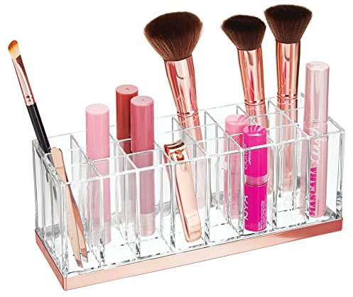 mDesign praktischer Kosmetik Organizer – dekorative Kosmetik Aufbewahrungsbox für Nagellack und Lippenstift – Ablage mit 24 Fächern zur Schminkaufbewahrung – durchsichtig und rotgold