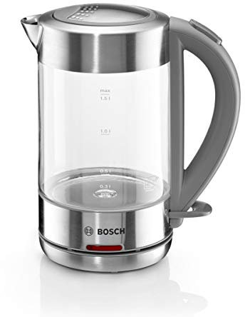 Bosch kabelloser Wasserkocher TWK7090B, Abschaltautomatik, Überhitzungsschutz, einfache Bedienung, hitzebeständiges Glas, 1,5 L, 2200 W, Edelstahl