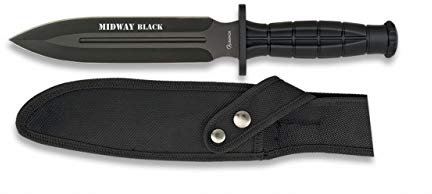 Albainox - 32287, Coltello di sopravvivenza ALB, nero (Midway Black) 18 cm, strumento per caccia, pesca, campeggio, outdoor, sopravvivenza e bushcraft + portabottiglie