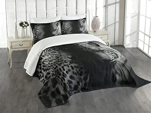 ABAKUHAUS Schwarz und weiß Tagesdecke Set, Wilde Leoparden, Set mit Kissenbezügen Sommerdecke, für Einzelbetten 170 x 220 cm, Weiß Schwarz Blau