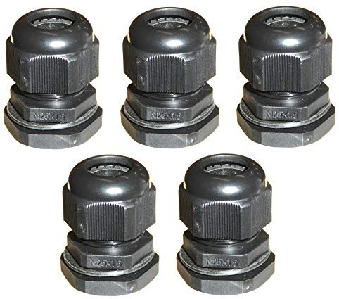 5pk M25 25mm TRS Stuffing Compression Glands for 12-15mm Cable Black, Waterproof IP68 with Locknut and Washer