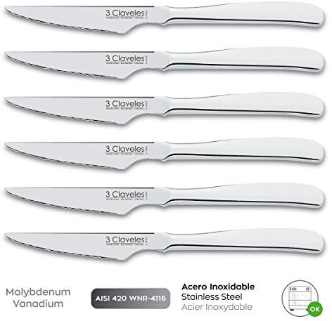 PracticDomus 3 Claveles WNR1-4116 Lot de 6 couteaux à steak en acier inoxydable forgé à lame dentée