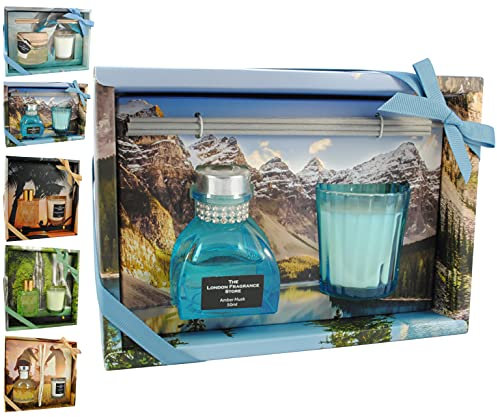 THE LONDON FRAGRANCE STORE - Entspannung - Luxus Duft Kerze + Reed Diffusor - Hochwertige Duftöle - Bernstein Moschus - Unser Wachs Hält Länger - Baumwolldocht