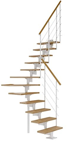 DOLLE Mittelholmtreppe - 11 Stufen - Geschosshöhe 228 – 300 cm - ¼-gewendelt - Stufen Eiche, lackiert - Unterkonstruktion: Weiß (RAL 9016) - volle Stufen 70 cm - inkl. Geländer - Nebentreppe