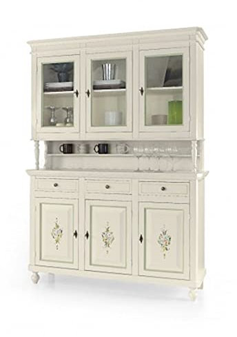 Mar.c.a. Design, Vitrine en Verre et Bois, Couleur Ivoire - Meuble Cuisine Retró avec Casiers, Étagères et Tiroirs - Meuble de Rangement Cuisine et Salon - Vaisselier Salle à Manger 150x43x218H