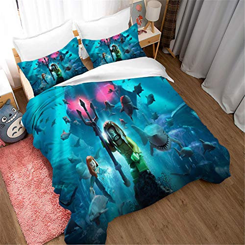 Bettwäsche-Set Cartoon Kinderfilm 3 Stück Bettdecke Bettbezug Bettbezug Mit 2 Kissenbezug Superweiche Atmungsaktive Mikrofaser Hypoallergen Bettbezüge (135x200cm,Aquaman)