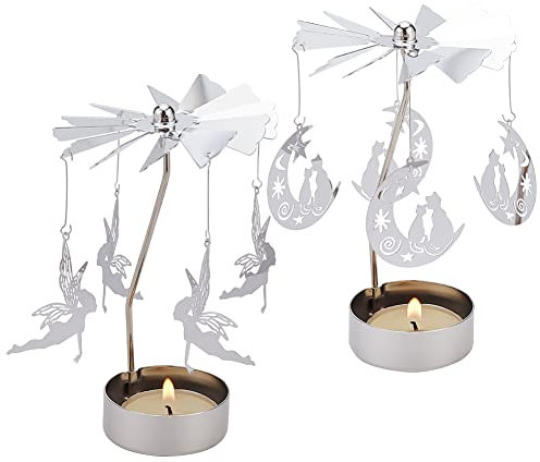 FINGERINSPIRE 2 Stück Rotary Kerzenhalter Mond Katze Zauberfee Teelichthalter Silber Metall Karussell Teelicht Kerzenhalter für Hochzeit Party Tischdekoration Geschenke