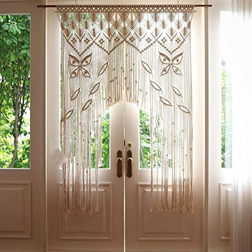 WABMJGW Macrame Curtains for Door,Macrame Door Hanging Boho,Handmade Cotton Yarn Knitted Divider Door Curtain,Macrame Tapestry Wedding Party Art Background Home Decor,Beige-39.4 x 62.9 in