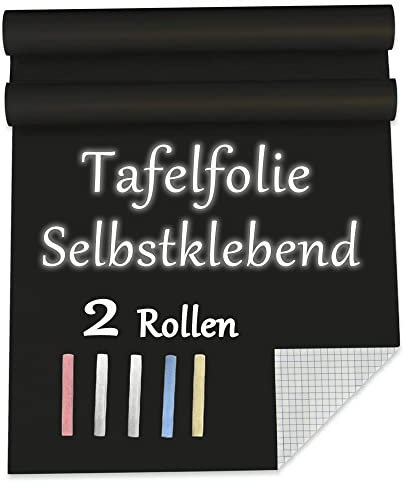 Tafelfolie Selbstklebend Schwarz Kreidetafel Blackboard - 2 Rollen 200 x 44 cm Kreidefolie als Tafel für Kinder Wand DIY Tapete Kuehlschrank Kueche Tuer Outdoor Tafel