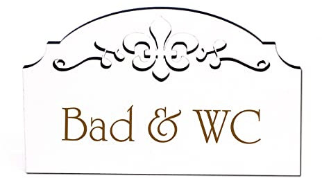 Bad & WC Türschild Schild Holz graviert Ornamente selbstklebend Toilettenschild Türdeko 15,5 x 9,5 cm