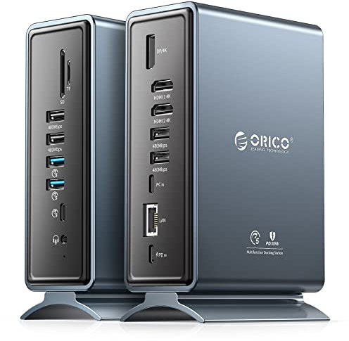 ORICO Docking Station, 15 IN 1 Laptop Dock Dual 4K Display, USB Dockingstation mit 2 HDMI, 4K DP, 6 USB-A, 100W PD, RJ45, 3.5mm Audio, SD/TF Kartenleser, Sie müssen den Treiber herunterladen Grau