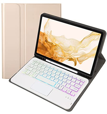 Bueuwe Custodia con Tastiera per Samsung Galaxy Tab S8 e Tab S7 11 Pollici (SM-X700/X706/T870/T875/T878) - Tastiera Rimovibile Wireless - Retroilluminazione a 7 Colori,d'oro