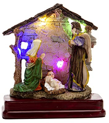 ISKAEN Weihnachtskrippe Tischkrippe aus Harz, Holz Tischdeko beleuchtet Weihnachtsdeko Krippe Figuren handbemalt LED Weihnachtsdeko Haus mit Krippenfiguren Handbemalt